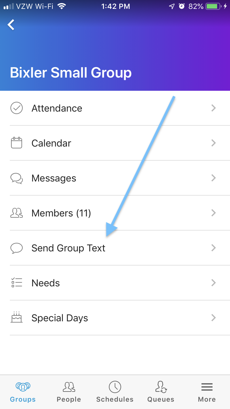 groups in the lead church app send group text